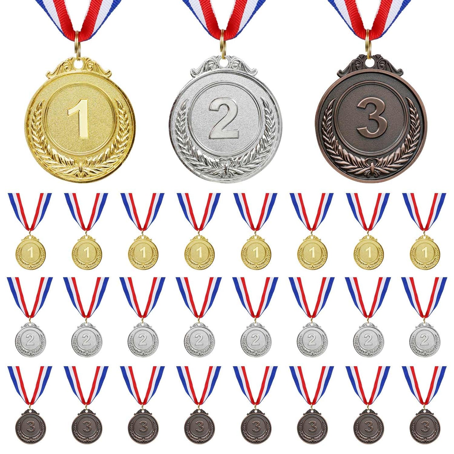 24 PCS Gold Silver Bronze Award Medals with Ribbons ，Victor Medals for 1st 2nd 3rd，Medals for Awards Prepared to Sports Competitions Party Olympic Decorations and Olympic Style 2 Inches