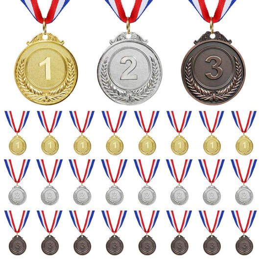 24 PCS Gold Silver Bronze Award Medals with Ribbons ，Victor Medals for 1st 2nd 3rd，Medals for Awards Prepared to Sports Competitions Party Olympic Decorations and Olympic Style 2 Inches