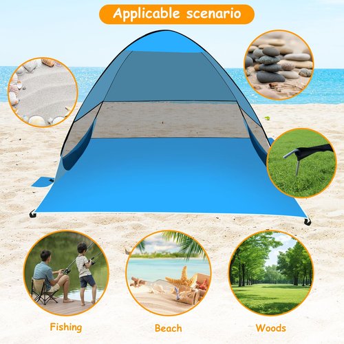 Beach Tent Sun Shelter, Outdoor Tent for 1-4 Persons, Beach Tent Easy Pop Up, with Carrying Bag and 6 Ground Pegs for Family Outdoor Adventures, Camping, Picnics (Blue)