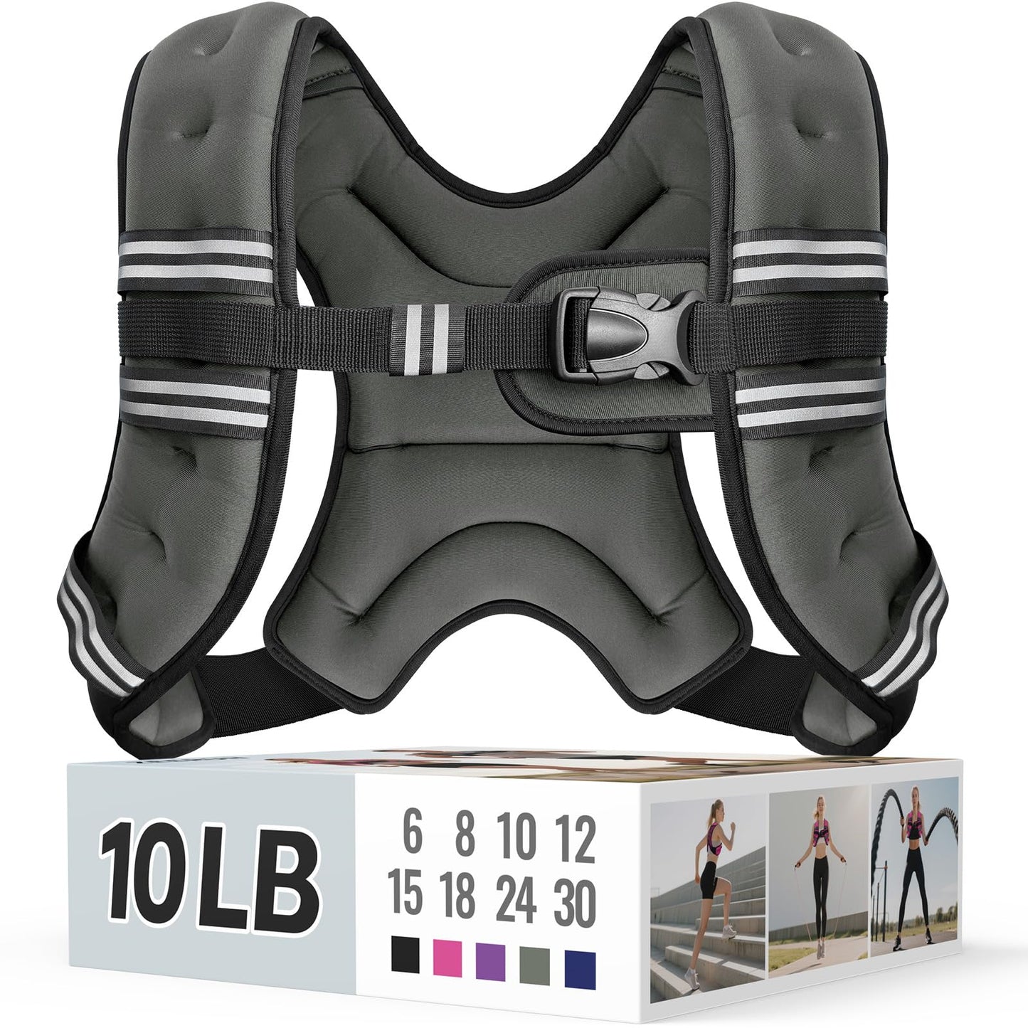 Zeerun Weighted Vest, 6lb/8lb/10lb/12lb/15lb/18lb/20lb/24lb/30lb for Men Women, Reflective Stripe Adjustable Buckle, Comfortable Durable Rucking Vest for Walking Running Strength Training, 10LBS-Gray