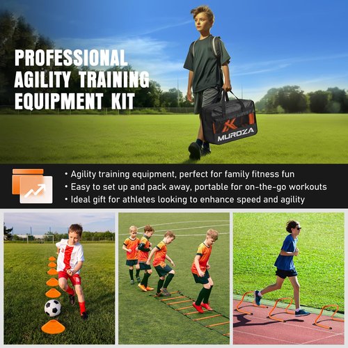 Agility Ladder Speed Training Equipment Set-20 ft Agility Ladder, 12 Soccer Cones, 4 Hurdles, Jump Rope, Running Parachute, Basketball Football Soccer Training Equipment for Kids, Youth, Adults