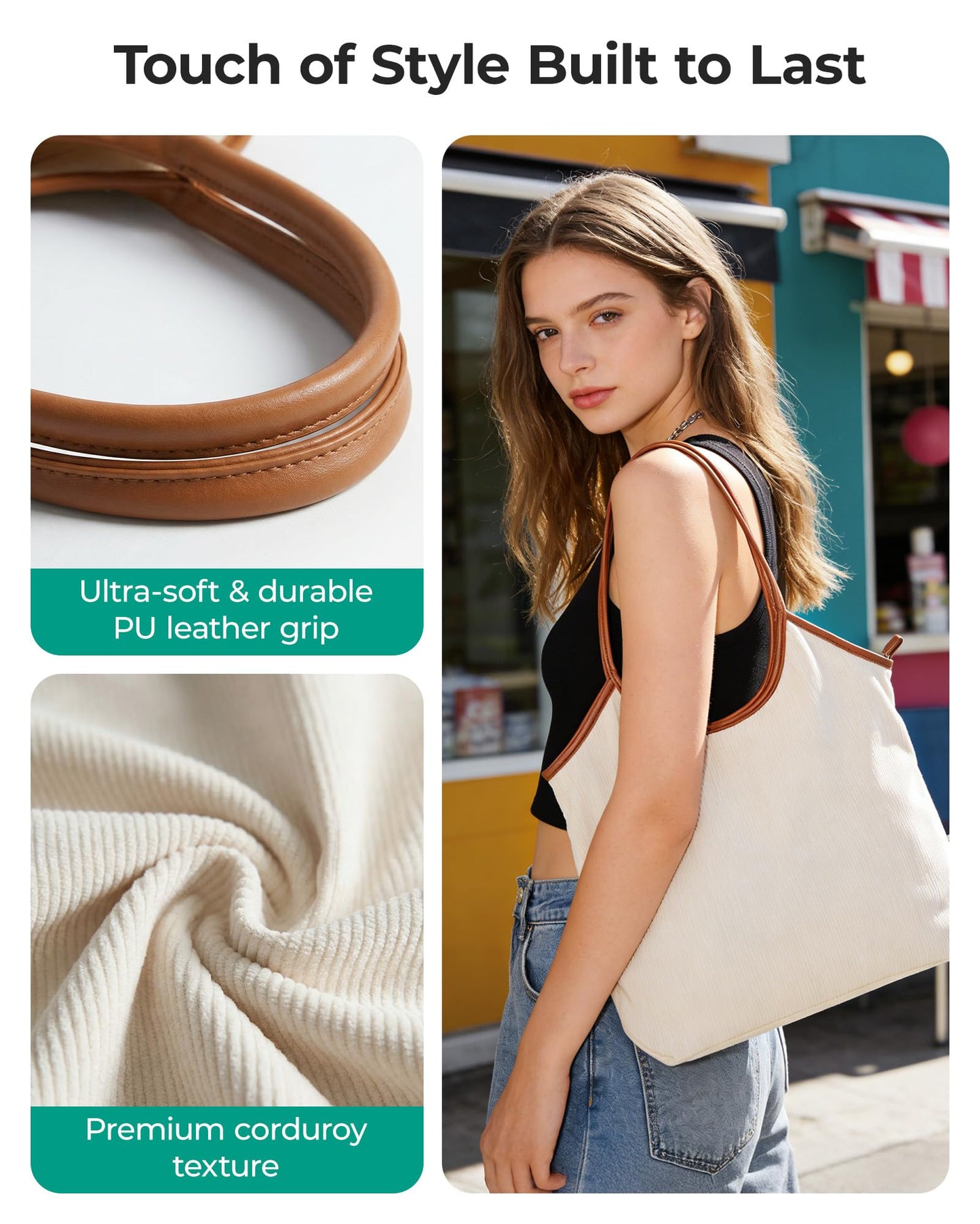 BAGSMRT Corduroy Tote Bag for Women Beach Bag with Zipper Casual Shoulder Bag Lightweight Travel Tote Hobo Handbag Tan Brown