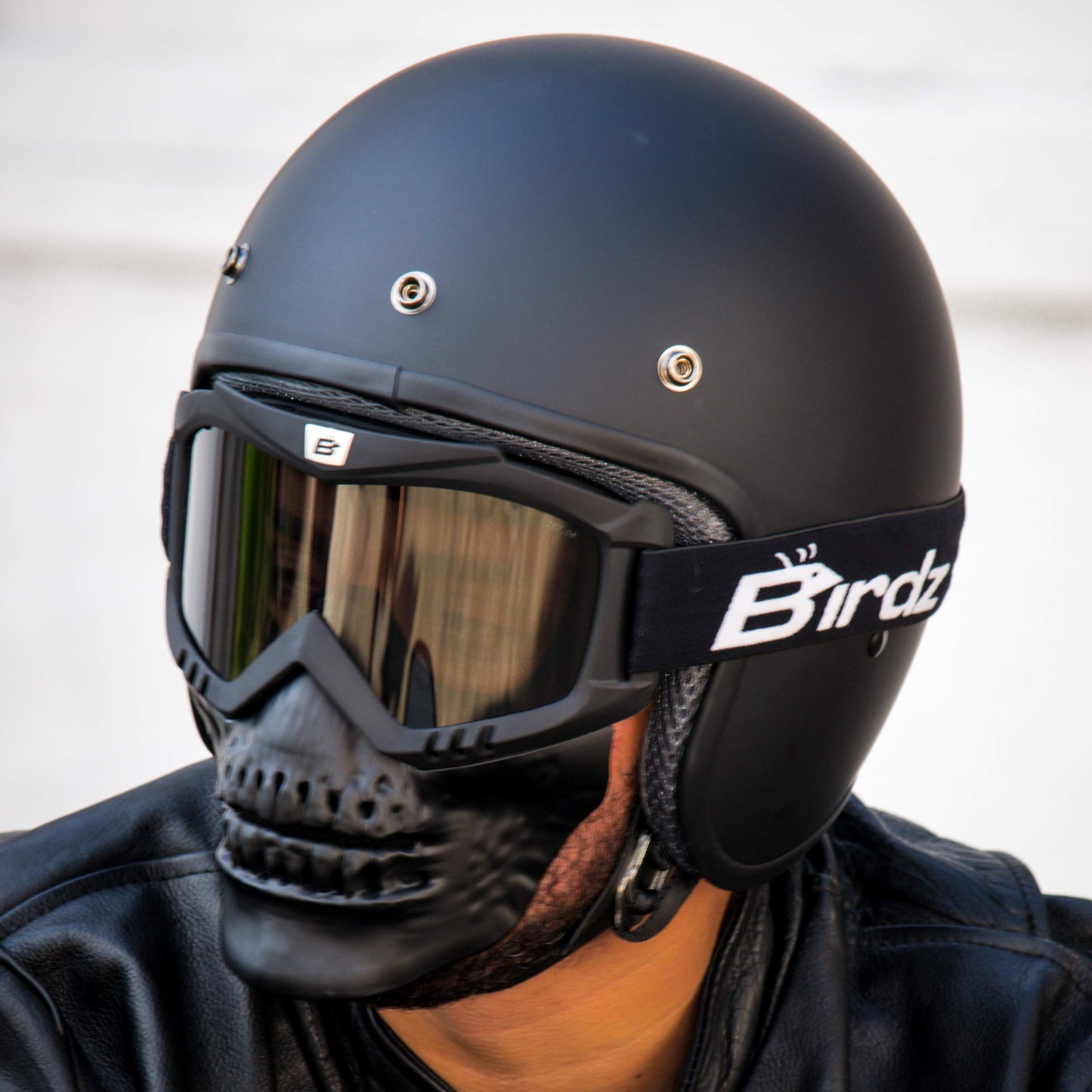 Birdz Eyewear Skullbird Black Padded ATV Motorcycle Riding Goggle with Face Mask Black with Yellow Lens