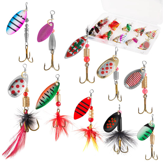 10PCS Rooster Tail Fishing Lures with Tackle Box, Spinner Bait with Flash Copper Body & Spoon, Freshwater and Saltwater Bait for Bass Crappie Walleye Trout, Swimming or Jigging