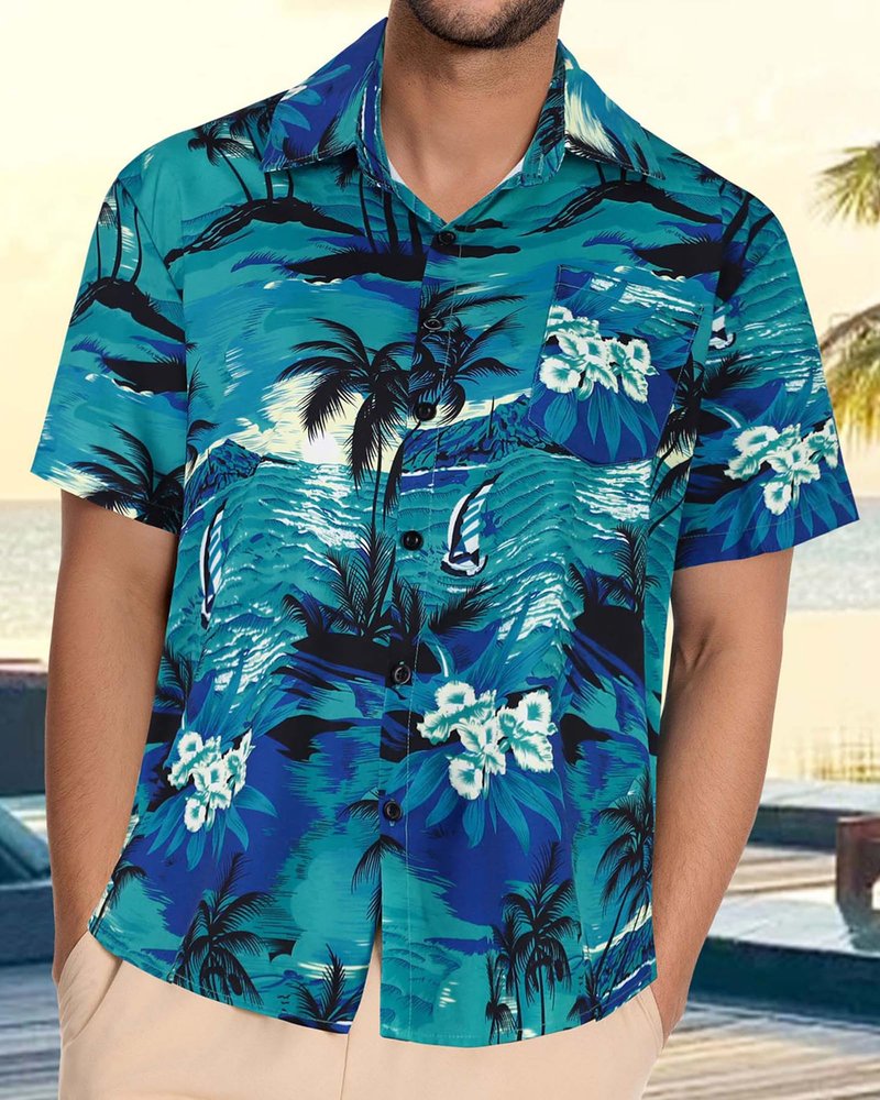 Mens Hawaiian Shirt Short Sleeve Summer Beach Casual Tops Button Down T Shirts with Pocket(Green Palm Tree,XL)
