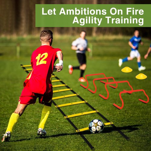 Ambifirner Agility Ladder Training Equipment Set - Agility Ladder(12 Rungs/20ft), 4 Speed Hurdles, 12 Training Cones, Jump Rope, Parachute for Speed/Soccer/Football Training with Carry Bag