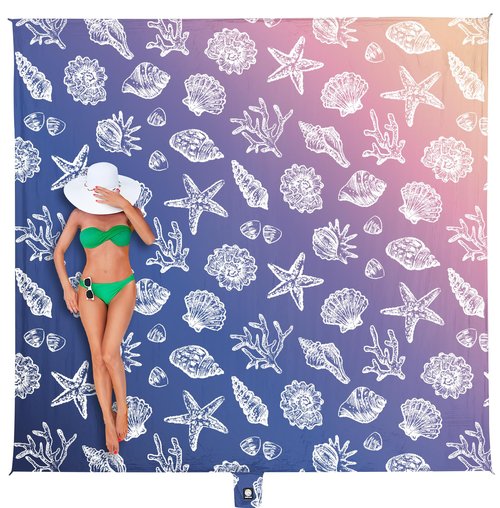 WEKAPO Beach Blanket Waterproof Sandproof & Sand-Free Beach Mat with Stakes & Built-in Storage Bag – Oversized, Extra Large, Perfect for Outdoor (Deep Blue Sea Shells, 11 X 9 FT (1~10 Person))