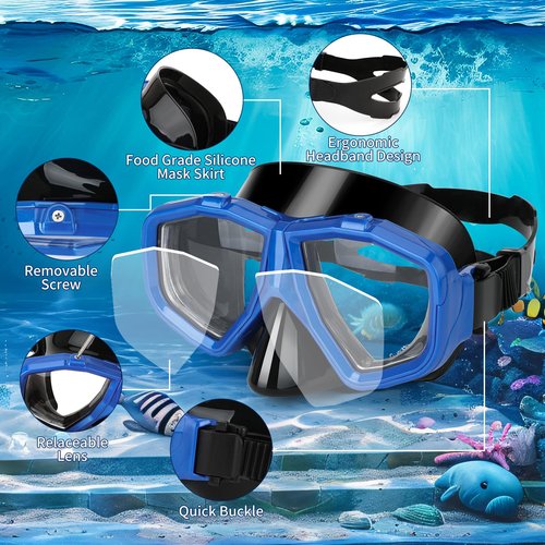 Replaceable Nearsighted Snorkeling Gear for Adults Youth, Short-sighted Anti-Fog Diving Mask & Full Dry Top Silicone Snorkel for Scuba Diving, Snorkeling, Freediving