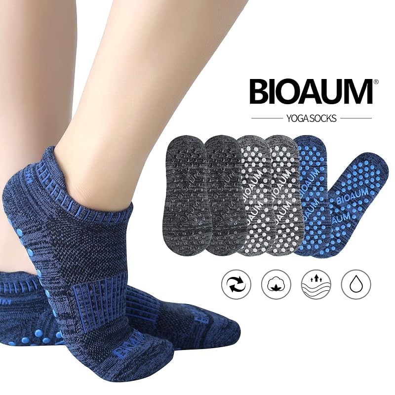 BIOAUM Non Slip Yoga Pilates Socks for Women 6 Pairs 6-11 Variation: Black Navy Grey