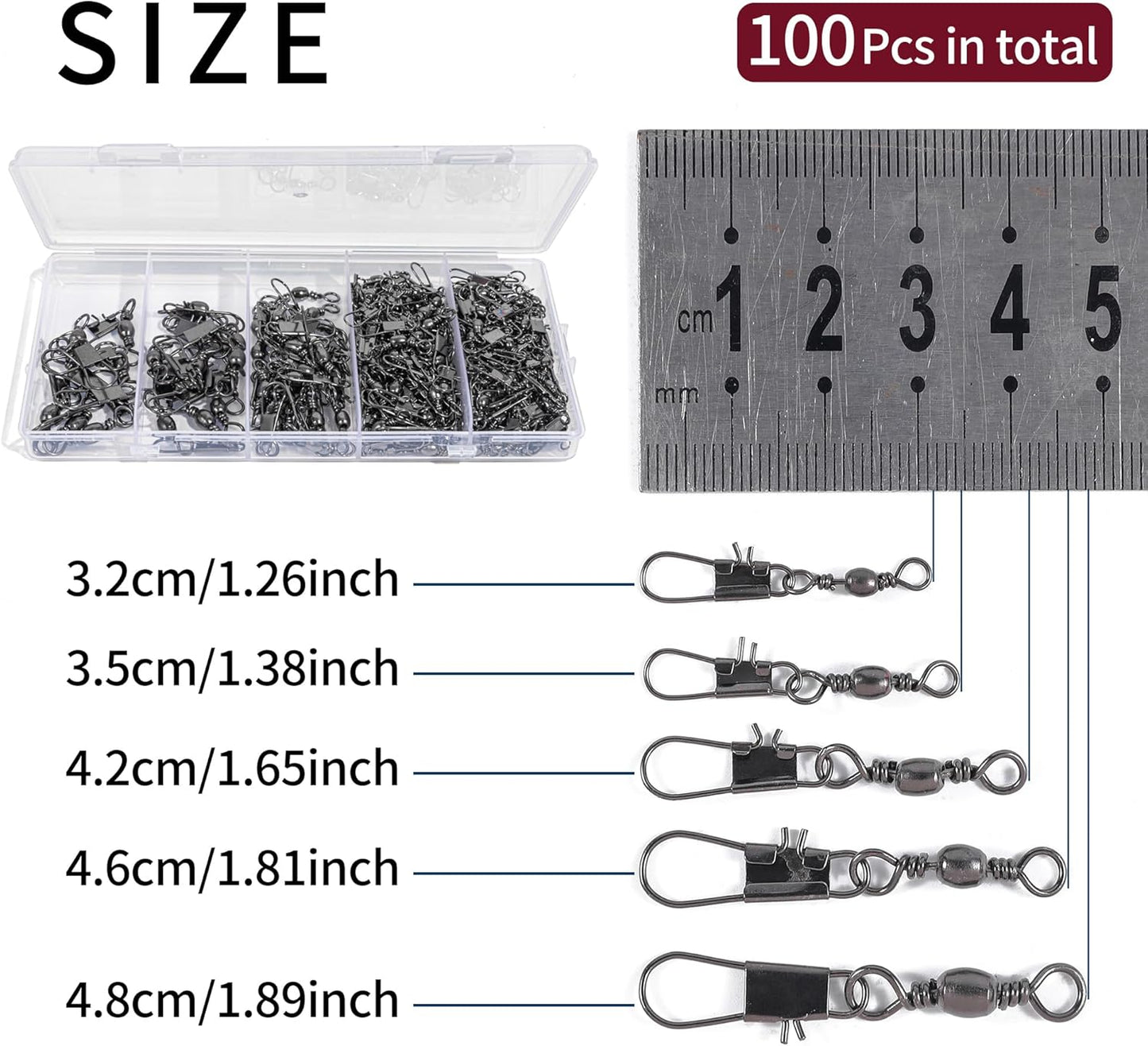 100PCS Fishing Swivels, 5 Sizes Barrel Snap Swivel Fishing Tackle for Quick Linking of Lures and Lines