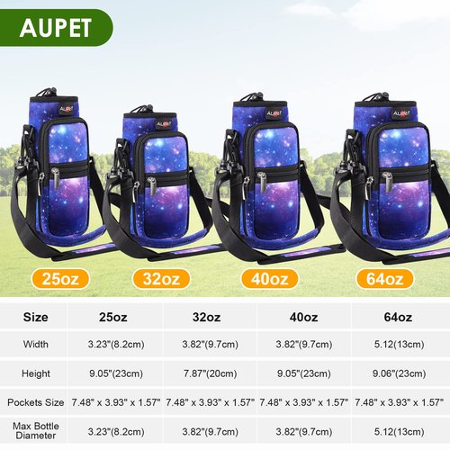 AUPET Water Bottle Sling Bag Sleeve Holder Carrier 25/32/40/64 oz,Insulated Crossbody Water Bottle Case Cover with Strap and Pockets for Men/Women Walking Hiking Camping (25oz, purple starry sky)