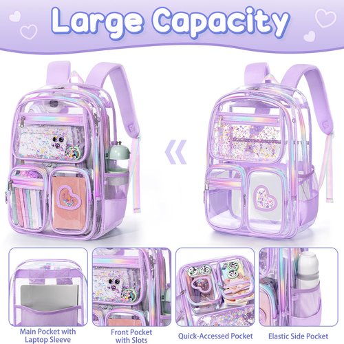 Fimibuke Clear Backpack for Girls, Heavy Duty PVC Transparent Kids Backpack for Teen Girls, School Concert Stadium Approved See Through Teen Kids Bookbag for Kindergarten Elementary Middle High School