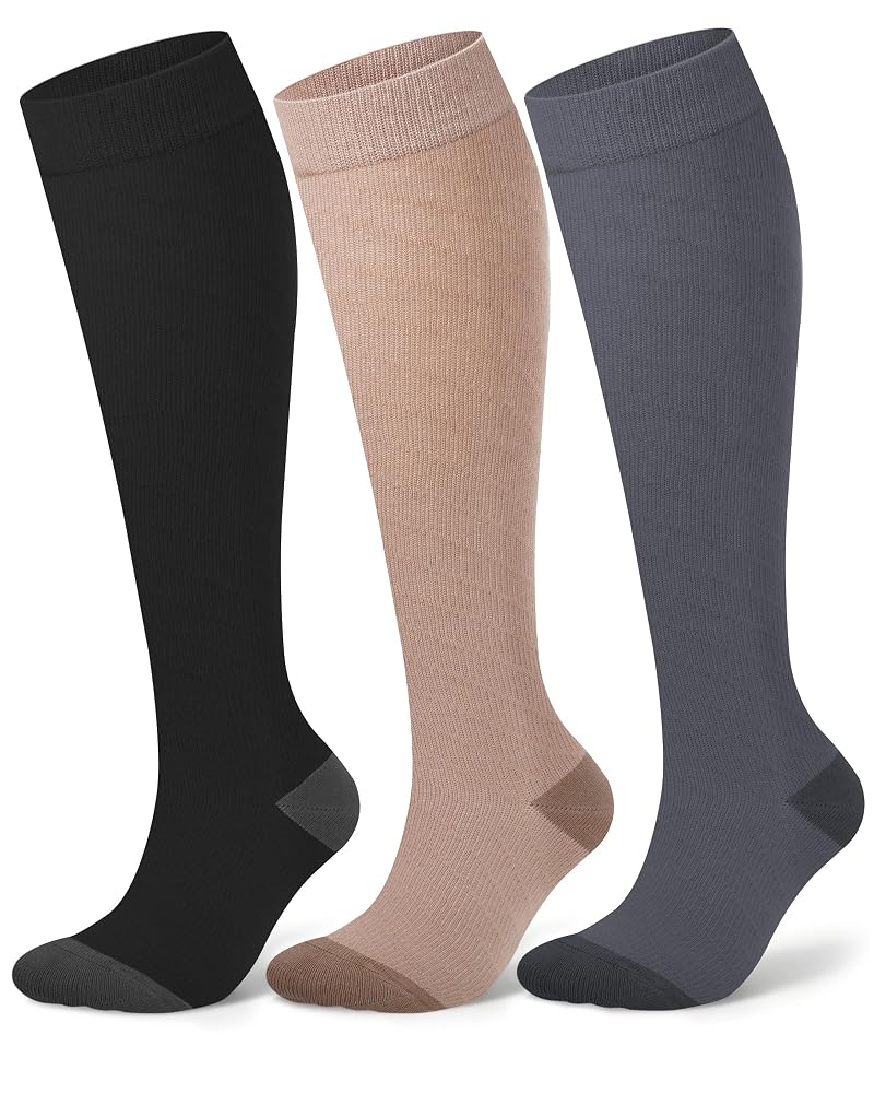 Compression Socks for Women 15-20 mmHg - Bamboo Viscose, 3-Pair Knee High, Black Gray Nude (Variation: Black-Gray-Nude Solid+Medium)