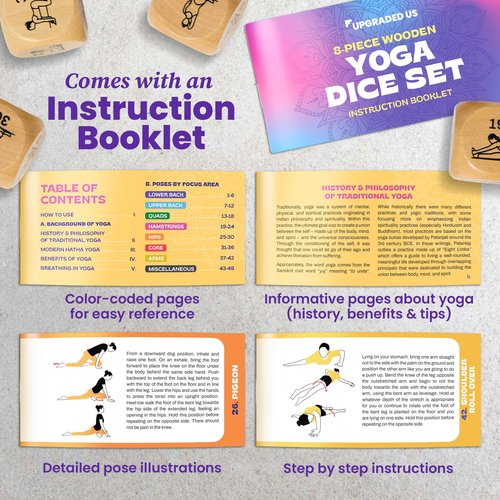 Zinsk 8-pc Wood Yoga Dice Set in Cardboard Storage Box – Creative Accessories and Yogi Gifts for Women – Create and Inspire Flows in Seconds – Increase Flexibility & Boost Mindfulness
