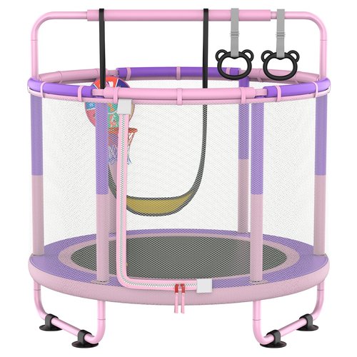 LANGXUN 60" Trampoline for Kids, 5ft Toddler Mini 6-in-1 Trampoline Indoor Outdoor with Swing, Basketball Hoop, Dart Board, Gymnastics Bar, Rings, Christmas Toys Birthday Gifts for Girls Boys Age 1-8