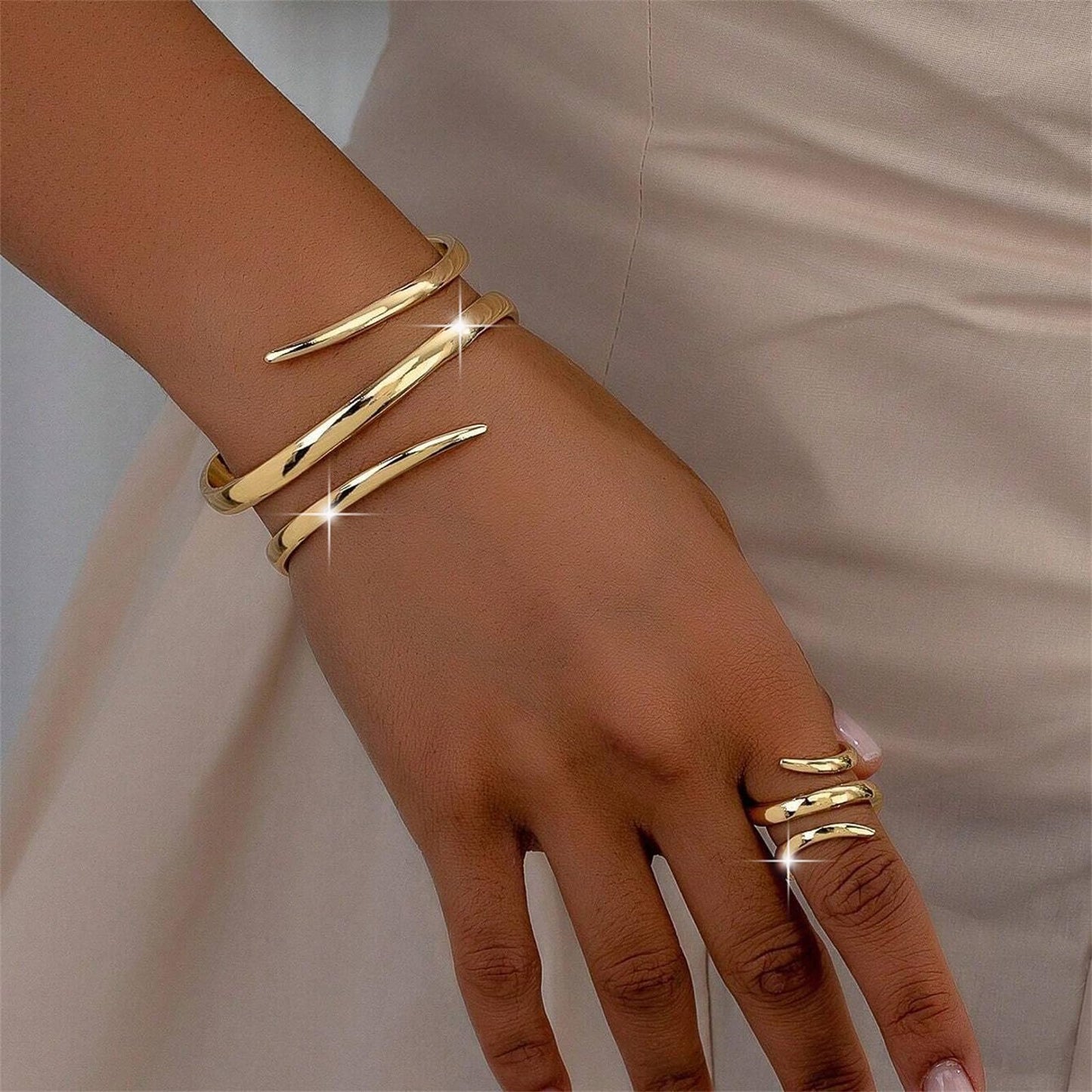 Annpro Chunky Cuff Bracelet with Ring Jewelry Set for Women Minimalist Wide Open Bracelet Simple Punk Snake Wrist Cuff Trendy Statement Jewelry (Style-C)