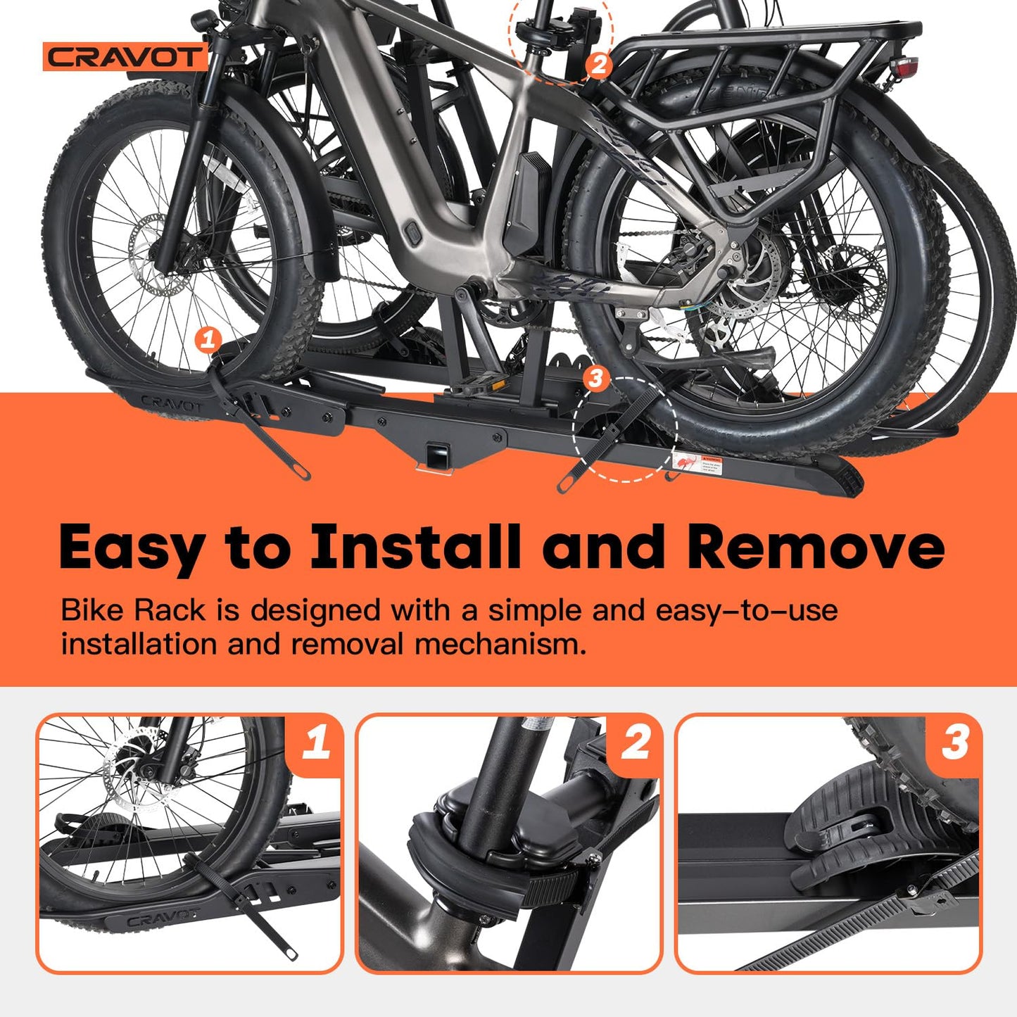 CRAVOT CyberRack E2 Ebike Rack, 200 lbs Capacity Foldable Bike Racks for Tow Hitch Heavy Electric Bike Carrier for 2 E-Bike, Up to 5-inch Fat Tire 2'' Receiver