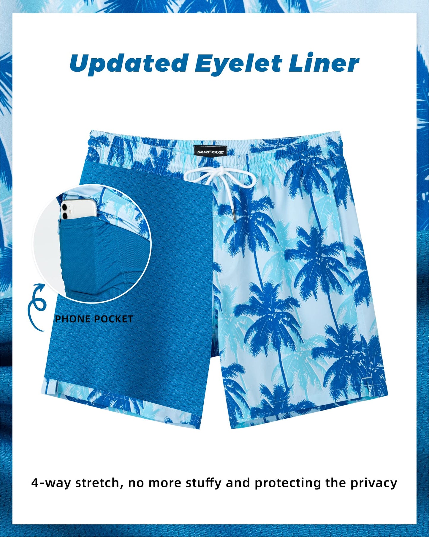 SURF CUZ Mens Swim Trunks with Compression Liner Quick Dry Swim Shorts 7" Swimming Trunks Stretch Zipper Pockets Blue Palm Tree X-Large