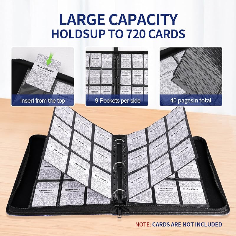 KuBeiBear Card Binder 720 Capacity 9-Pocket - Zippered Acid-Free Card Holder (Blue, 9 Pocket) - MTG, Sports & Collectibles