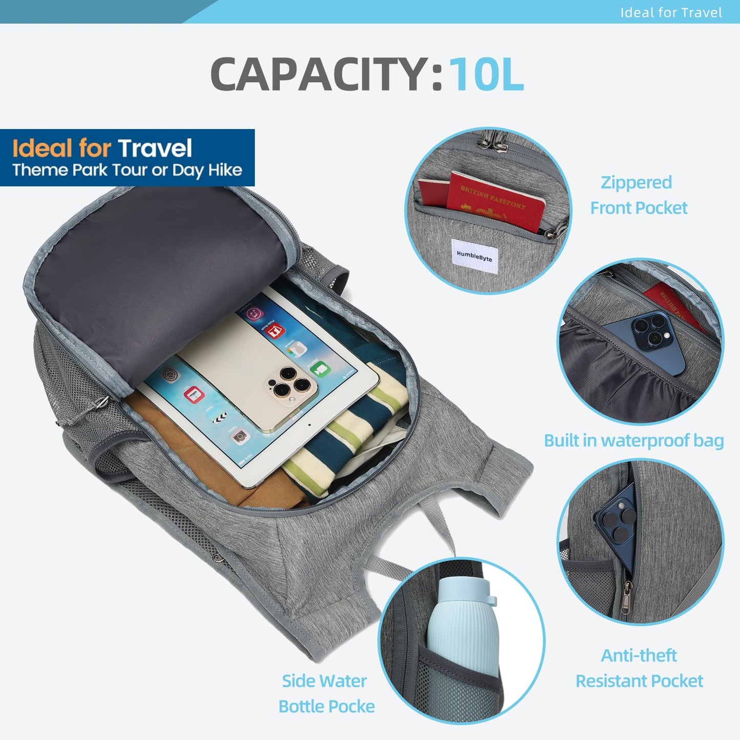 HumbleByte 10L Foldable Lightweight Backpack – Packable Travel Daypack for Hiking, Cycling & Everyday Use – Water-Resistant Travel Bag with Multi-Pocket Design for Women & Men(Gray)