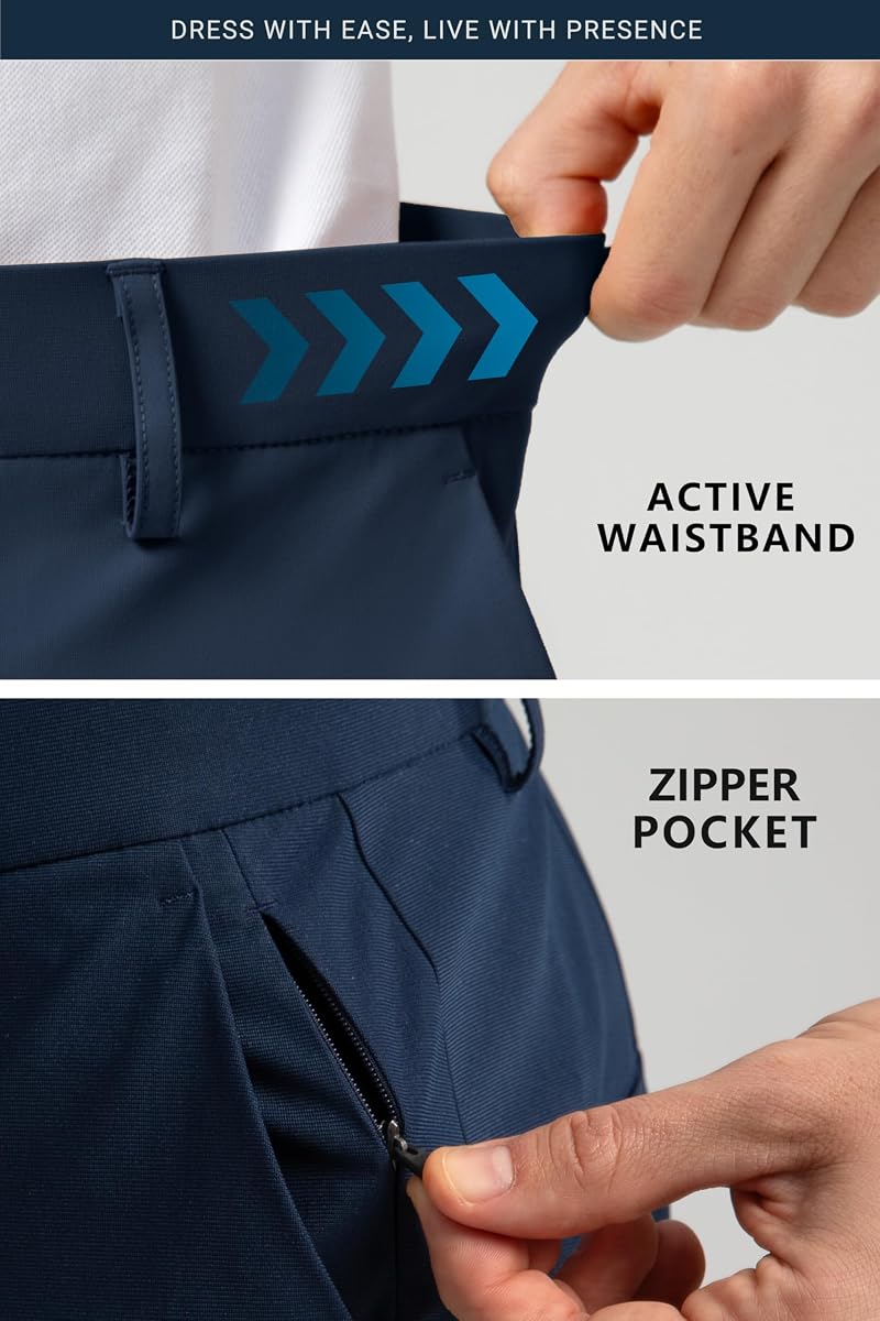 HISDERN Flex 501 Golf Dress Pants for Men Navy Blue 32W x 30L No Iron Stretch Quick-Dry