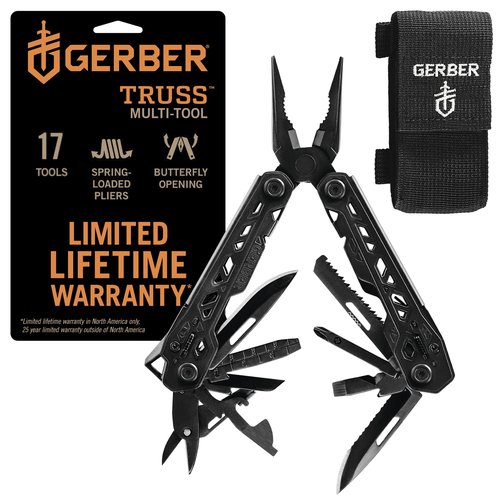Gerber Gear Truss 17-in-1 Multitool with Pocket Knife and Needle Nose Pliers - Gifts for Men, Compact EDC Gear, Black with Standard Sheath