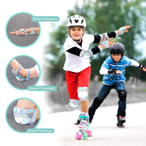 SULIFEEL Rainbow Unicorn Knee Pads for Kids Knee Elbow Pads Wrist Guards with Drawstring Bag Adjustable Protective Gear Set for Girls Boys Roller Skating Bike Cycling Skateboard Scooter Shiny Small