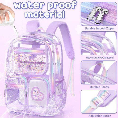 Fimibuke Clear Backpack for Girls, Heavy Duty PVC Transparent Kids Backpack for Teen Girls, School Concert Stadium Approved See Through Teen Kids Bookbag for Kindergarten Elementary Middle High School