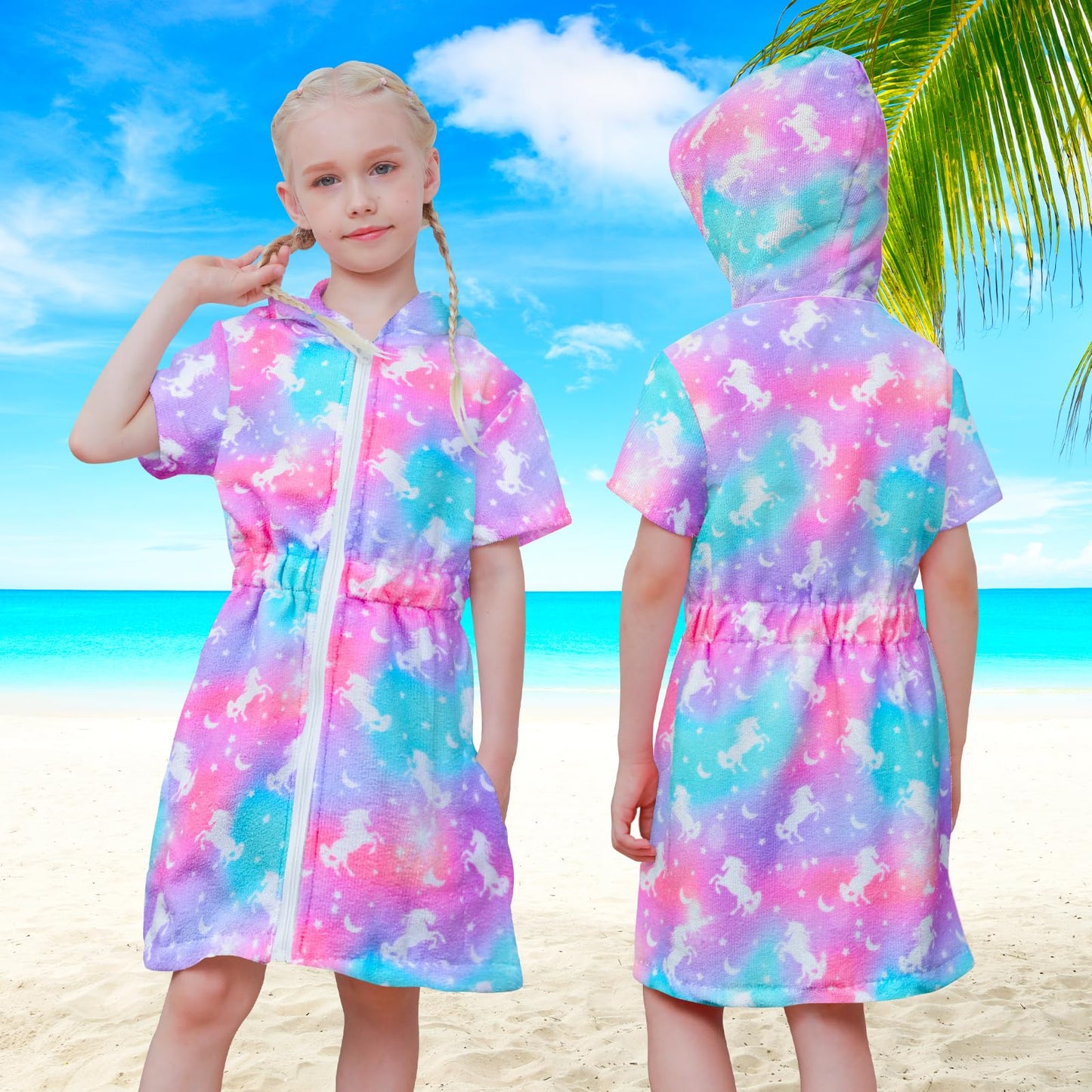Sylfairy Cover Up for Girls Terry Swim Cover Ups Hooded Terry Kids Cover Up Bathing Suit Beach Dress 4-9Years