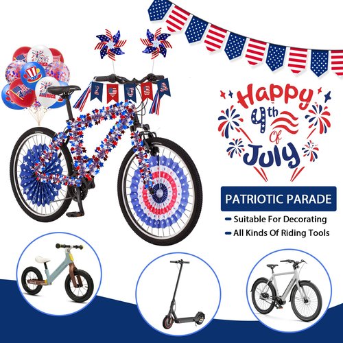 4th of July Bike Decorations Patriotic Bike Decor Set I LOVE USA Sign Banner, Hanging Paper Fans, Tinsel Garland, Streamers, Flags, Balloon for Independence Day Kids Bike Parade Party Favor