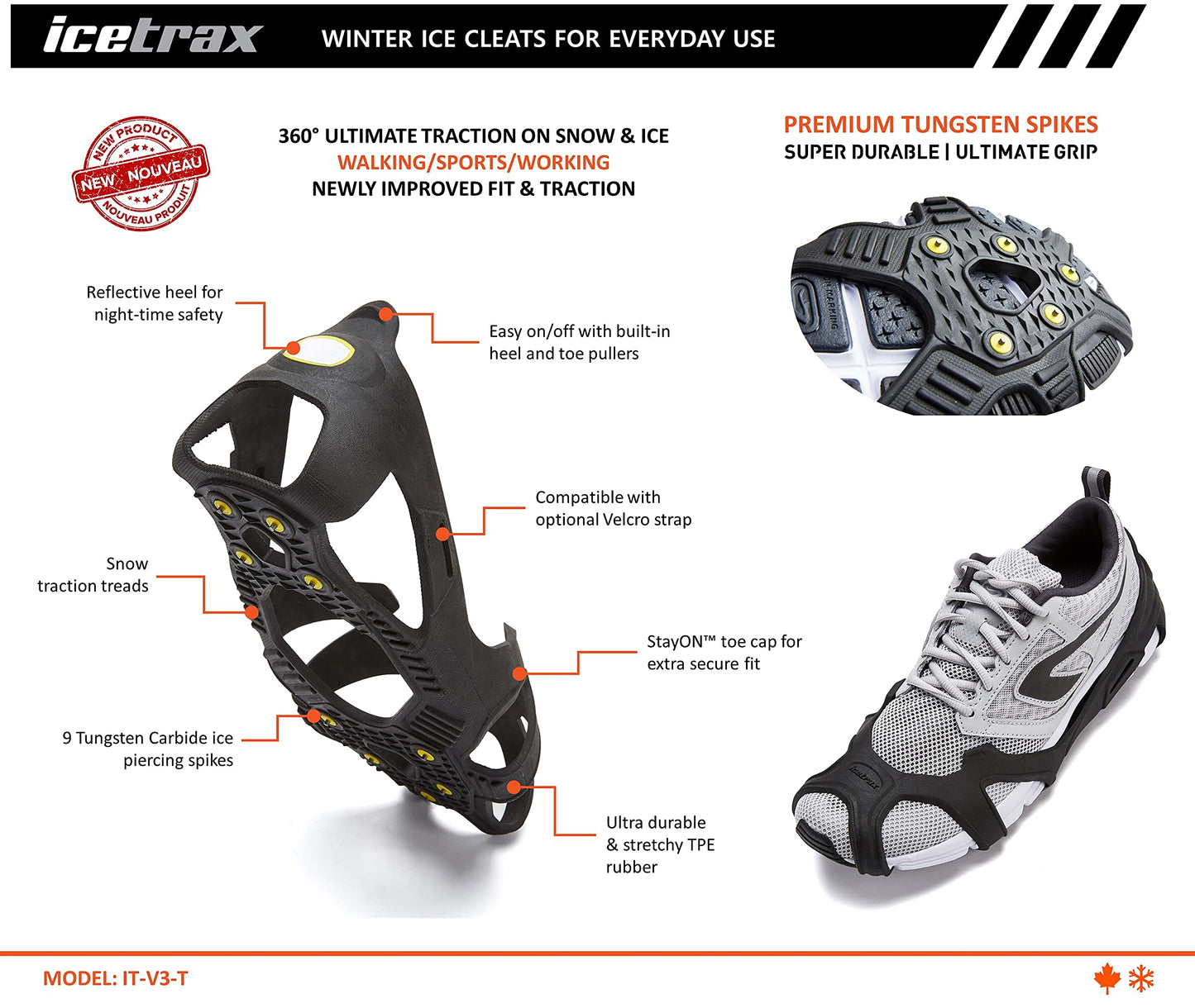 ICETRAX V3 Tungsten Crampons, Ice Cleats for Snow and Ice, Non-Slip Shoe Grippers with Reflective Heel S/M (Men: 5-9/ Women: 6.5-10.5)