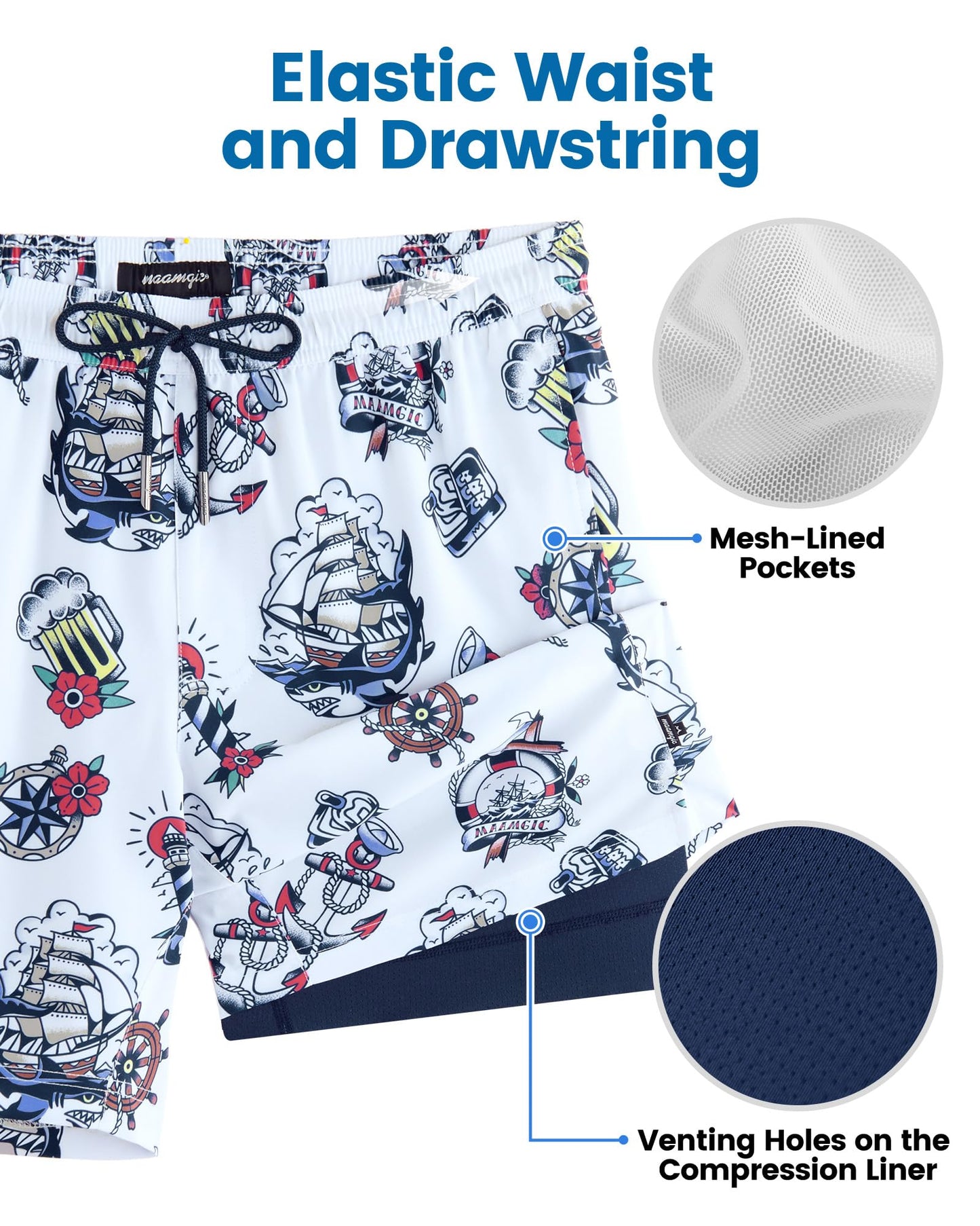 maamgic Mens Swim Trunks with Compression Liner 7 Inch Inseam Mens Bathing Suit Quick Dry Swimming Trunks Swimsuit Sailing Blue White XX-Large