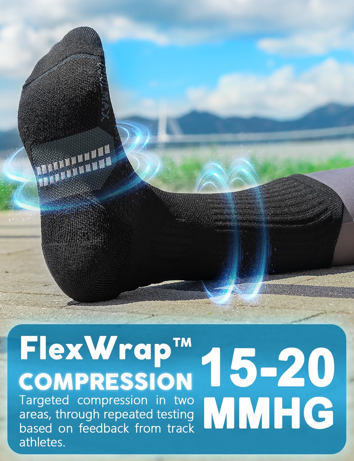 Juclise Bamboo Viscose Compression Running Crew Socks, Moisture Wicking Anti-Blister Hiking Athletic Cycling Gym Socks (US, Alpha, Medium, Regular, Regular, Classic Black+Glacier White+Dusty Pink)