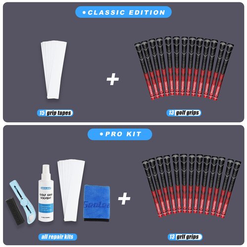 Geoleap Golf Grips Set of 13- Grips with Tapes and Grips with All Repair Kits for Choice,Hybrid Golf Club Grips,Standard/Midsize,All Weather Contral, High Feedback & Traction. (Standard, Red-Classic( 13 grips only with 15 tapes))