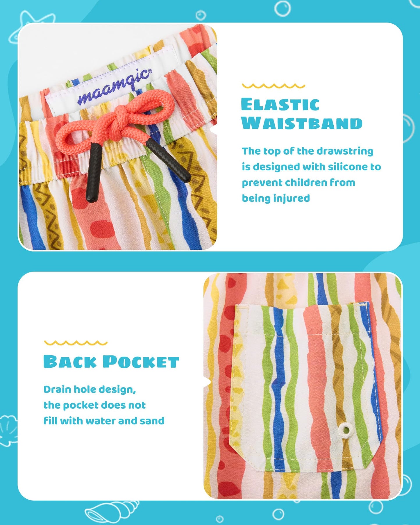 maamgic Boys Swim Trunks with Compression Liner Toddler Stretch Swim Shorts Quick Dry Swimming Trunks Boxer Brief 2 in 1 Beach Shorts Playful Stripes 4T