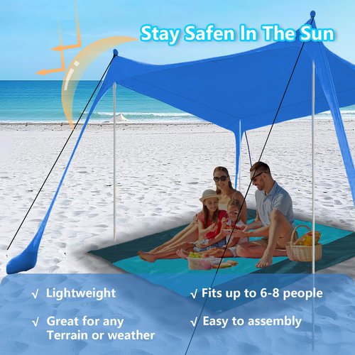 Beach Canopy, Beach Tent Sun Shelter with Beach Blanket, Beach Shade 11x11 FT with UPF 50+ UV Protection, Beach Sun Shade for Beach, Camping, Backyard and Picnics