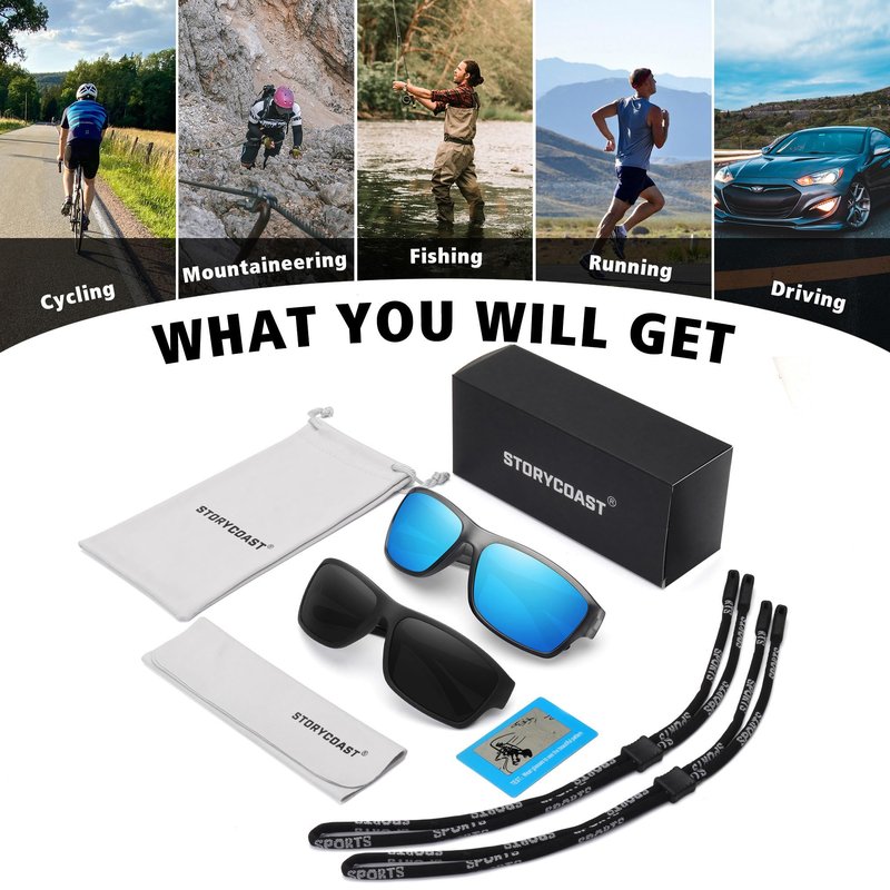 STORYCOAST Polarized Sports Sunglasses for Men Women Unbreakable Frame Cycling Fishing Driving 2Pack Black+Clear Gray Frame/Blue Mirror Lens