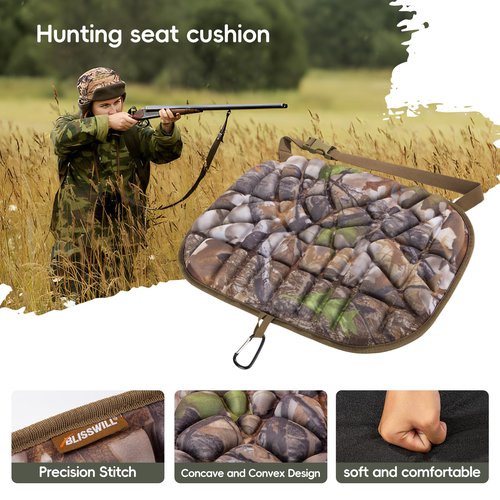 BLISSWILL Hunting seat Cushion，Stadium Cushion，100% Memory Foam Silent Lightweight for Camping, Hunting, Fishing，Camping，Outdoor（Super Camo-Timber）