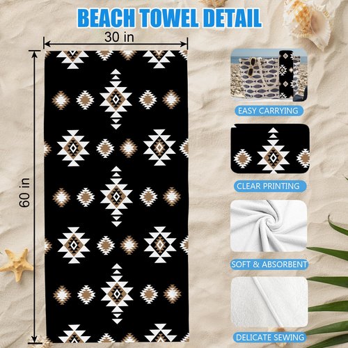 Gnmduw Western Aztec Beach Towel, Black Western Sand Beach Towels Gifts for Men Women Adults, Boho Southwestern Quick Dry Bath Pool Towels for Bathroom Swimming Pool, Aztec Bathroom Decor, 30x60 in