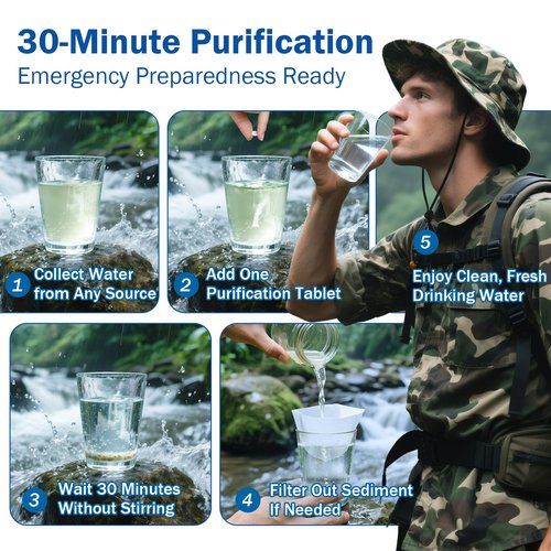 Water Tablets Purification for Drinking - Water Filtration System for Survival, Emergencies, Camping, Boating, Hiking, Backpacking, RVs. Easy to Use Treatment for Safe Drinking Anywhere