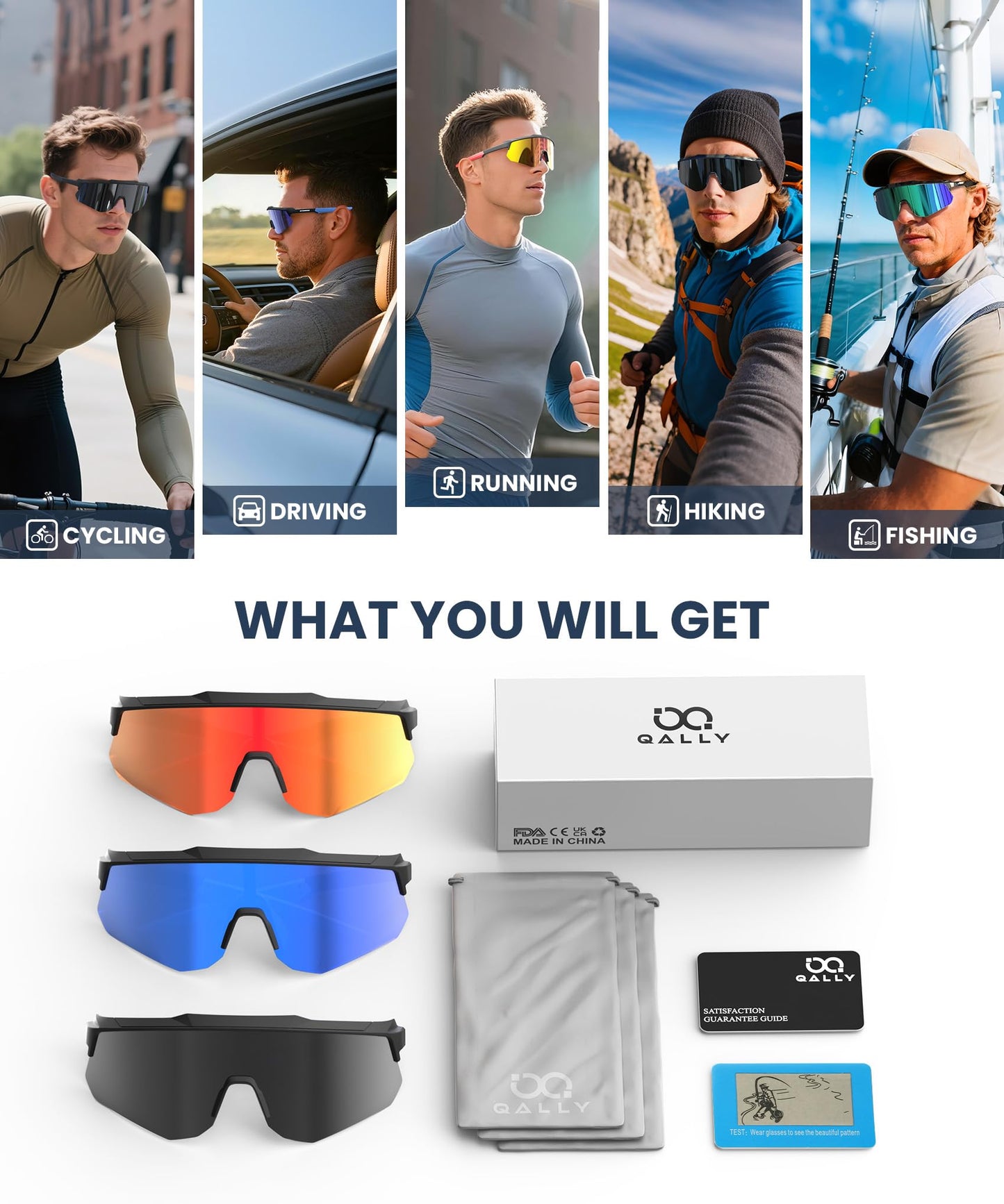 QALLY Polarized Sport Sunglasses Men Women Bike Sunglasses for Men Cycling UV Protection Baseball Running 3 Packs