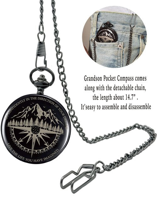 Grandson Gifts from Grandma Grandpa, Go Confidently Pocket Compass Engraved Black, to My Grandson Pocket Token, Inspirational Keepsake Gifts Ideas for Grandson Birthday Graduation Christmas