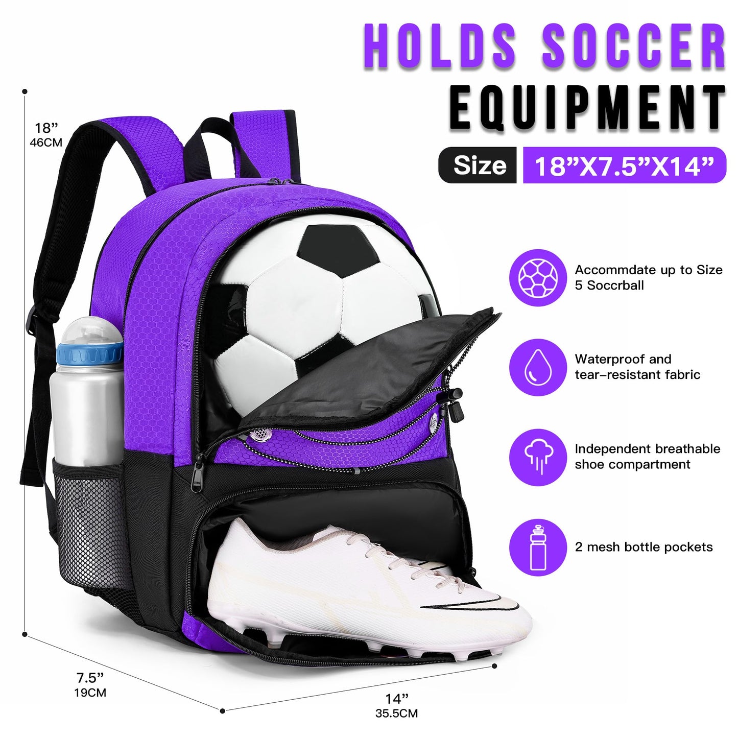 Hsmihair Youth Soccer Bag-Soccer Backpack & & Backpack for Football Volleyball Basketball,with Ball Compartment and Separate Cleat Training Package (Purple)