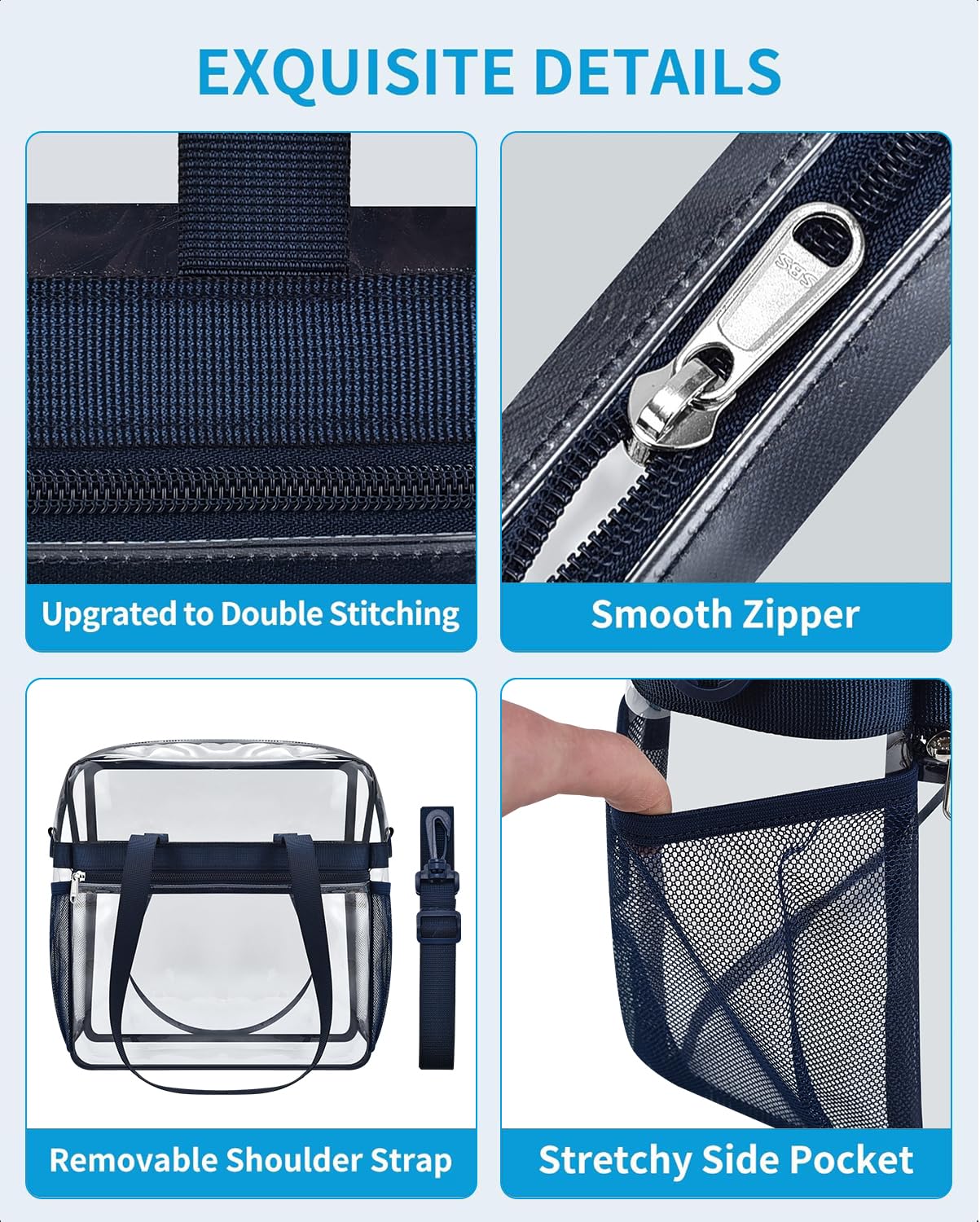 Paxiland Clear Bag for Stadium Events 12x6x12, Large Clear Tote Lunch Bag Stadium Approved with Reinforced Shoulder Straps for Concert Outfits and Festival, Transparent Handbag for Men - Navy