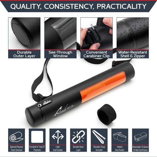 Quiver Time Black XL Orion Playmat Tube - TCG MtG Playmat Tube Case with Waterproof Zipper, Hidden Dice Pocket, Adjustable Removable Shoulder Strap, See-Through Window, Fits 14" and 15" playmats