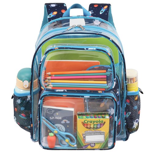 BrainyBees Clear Backpack for Boys - 15 Inch Heavy Duty Kids Backpacks for School, Clear Transparent Bookbag with 2 Front Pockets for Kids Aged 3 to 8, Blue Space Astronauts