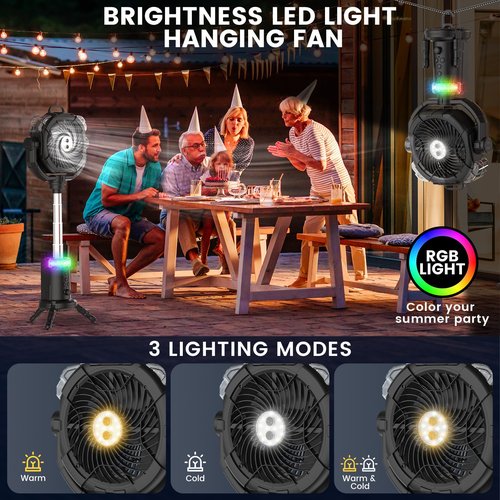 Camping Fan Rechargeable 330ml Portable Misting Fan 20000mah Battery Powered With Led Light Height Adjustable Remote Hook Oscillating Floor Outdoor Fans For Camping Patios, 2 Spray Mister, Black