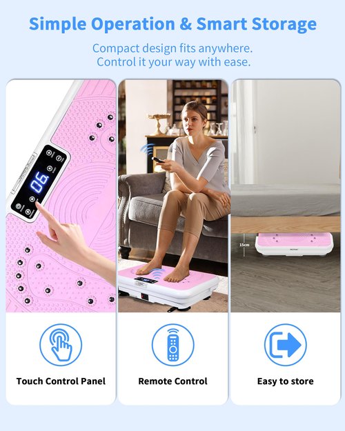 ROTAI Vibration Plate, Lymphatic Drainage Massager for Circulation Boost & Recovery, Vibration Plate Exercise Machine with Remote & Loop Bands, Compact Home Fitness Platform for Shaping (Pink)