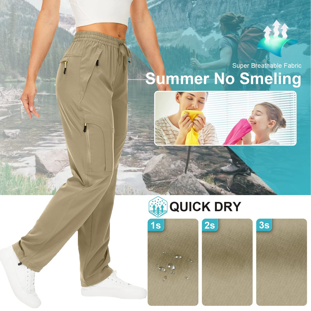 Toomett Women's Hiking Cargo Pants Quick Dry UPF50+ Outdoor Pants for Women Fishing Safari Travel Stretchy Pants with Pockets,6608,Khaki,XS