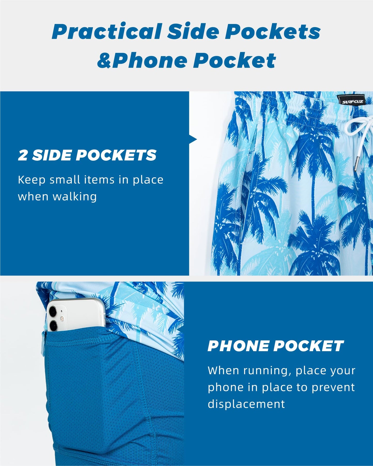 SURF CUZ Mens Swim Trunks with Compression Liner Quick Dry Swim Shorts 7" Swimming Trunks Stretch Zipper Pockets Blue Palm Tree X-Large
